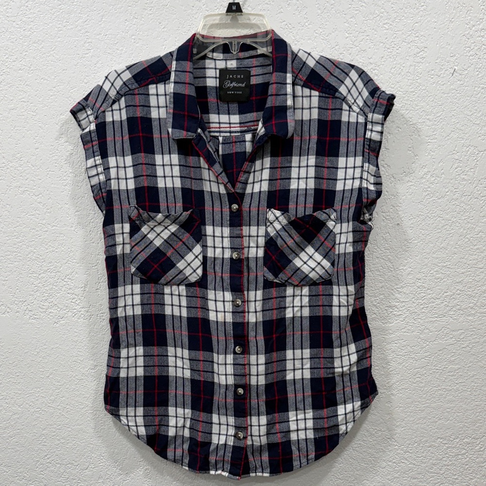 JACHS Girlfriend Plaid Light Flannel Button-Down- Navy, White, Red, Size M